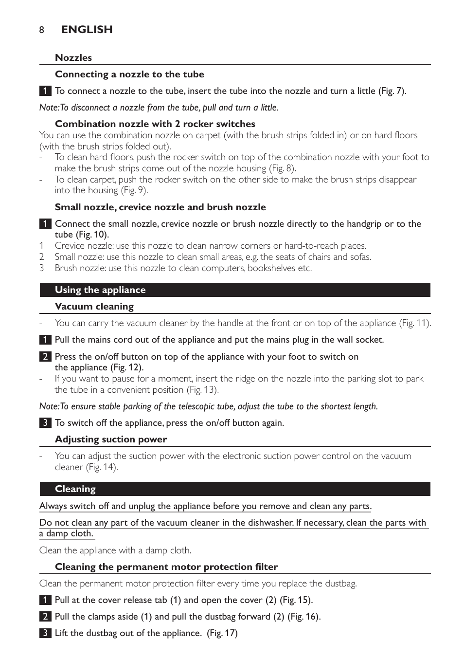 Nozzles, Connecting a nozzle to the tube, Combination nozzle with 2 rocker switches | Small nozzle, crevice nozzle and brush nozzle, Using the appliance, Vacuum cleaning, Adjusting suction power, Cleaning, Cleaning the permanent motor protection filter | Philips FC8230 User Manual | Page 8 / 116