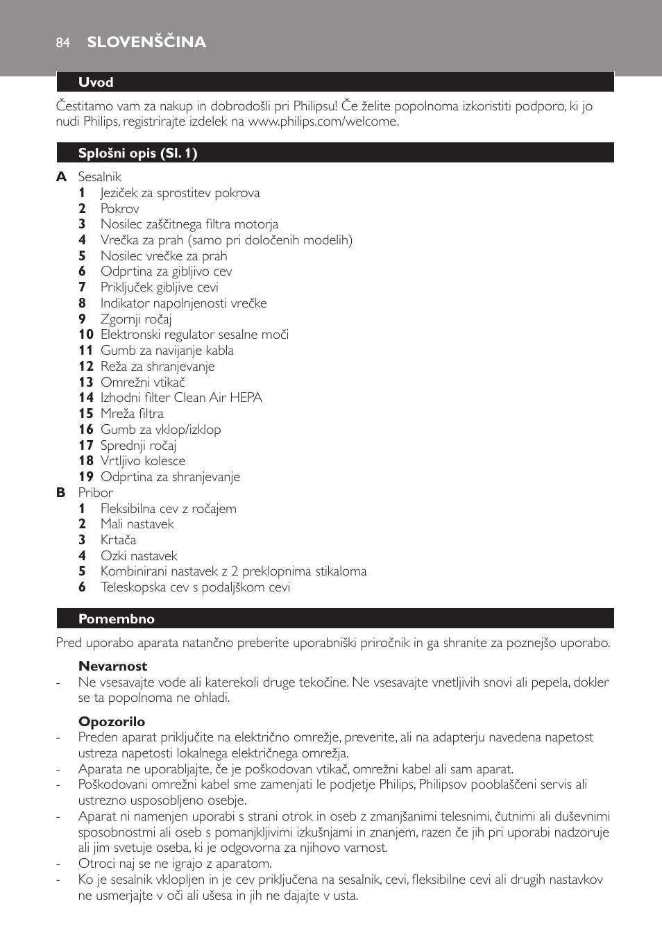 Nevarnost, Opozorilo, Slovenščina | Uvod, Splošni opis (sl. 1), Pomembno | Philips FC8230 User Manual | Page 84 / 116