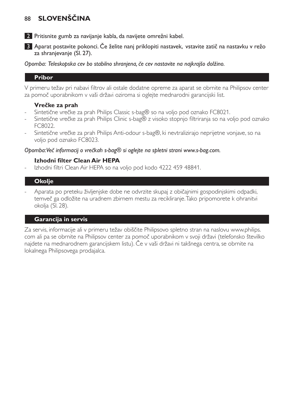 Vrečke za prah, Izhodni filter clean air hepa, Pribor | Okolje, Garancija in servis, Odpravljanje težav | Philips FC8230 User Manual | Page 88 / 116