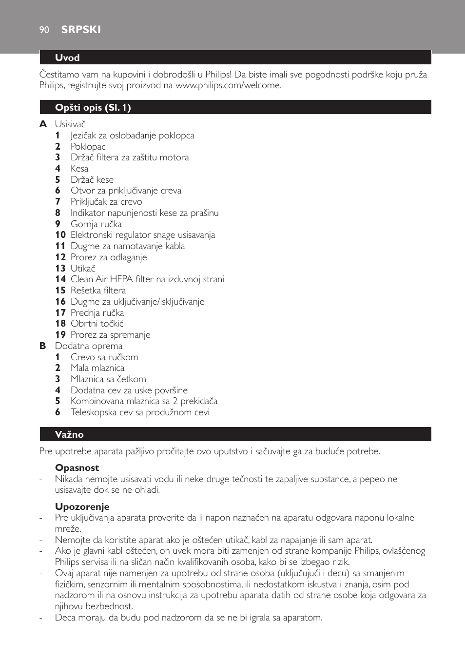 Opasnost, Upozorenje, Srpski | Uvod, Opšti opis (sl. 1), Važno | Philips FC8230 User Manual | Page 90 / 116