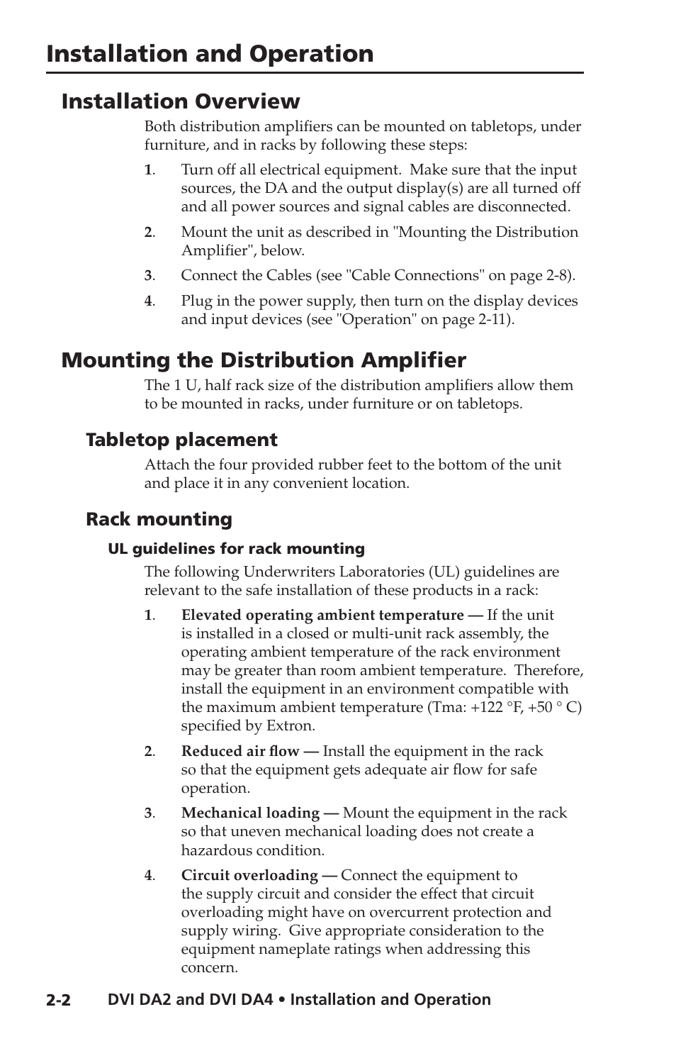 Installation overview, Mounting the distribution amplifier, Tabletop placement | Rack mounting, Ul guidelines for rack mounting, Tabletop placement -2 rack mounting -2, Ul guidelines for rack mounting -2, Installation and operation | Extron electronic DVI DA4 User Manual | Page 14 / 30