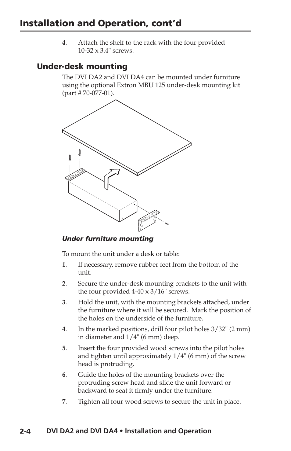 Under-desk mounting, Under-desk mounting -4, Installation and operation, cont’d | Extron electronic DVI DA4 User Manual | Page 16 / 30