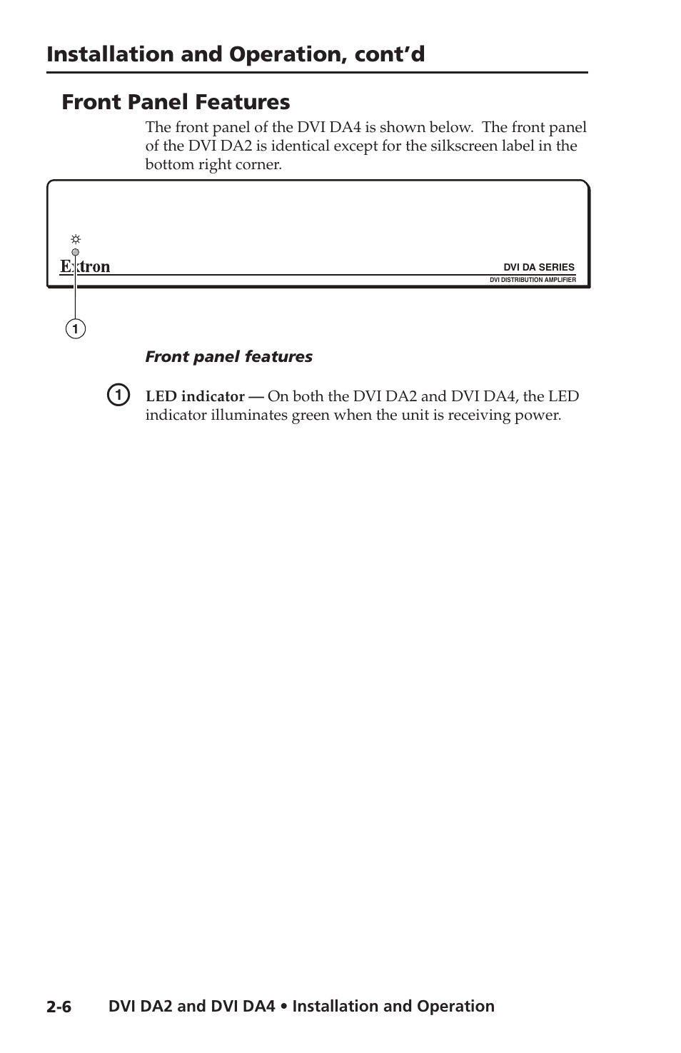 Front panel features, Installation and operation, cont’d | Extron electronic DVI DA4 User Manual | Page 18 / 30