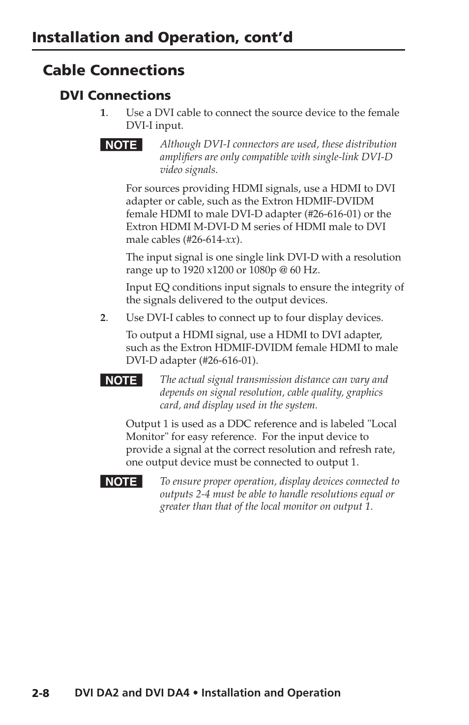 Cable connections, Dvi connections, Dvi connections -8 | Installation and operation, cont’d | Extron electronic DVI DA4 User Manual | Page 20 / 30