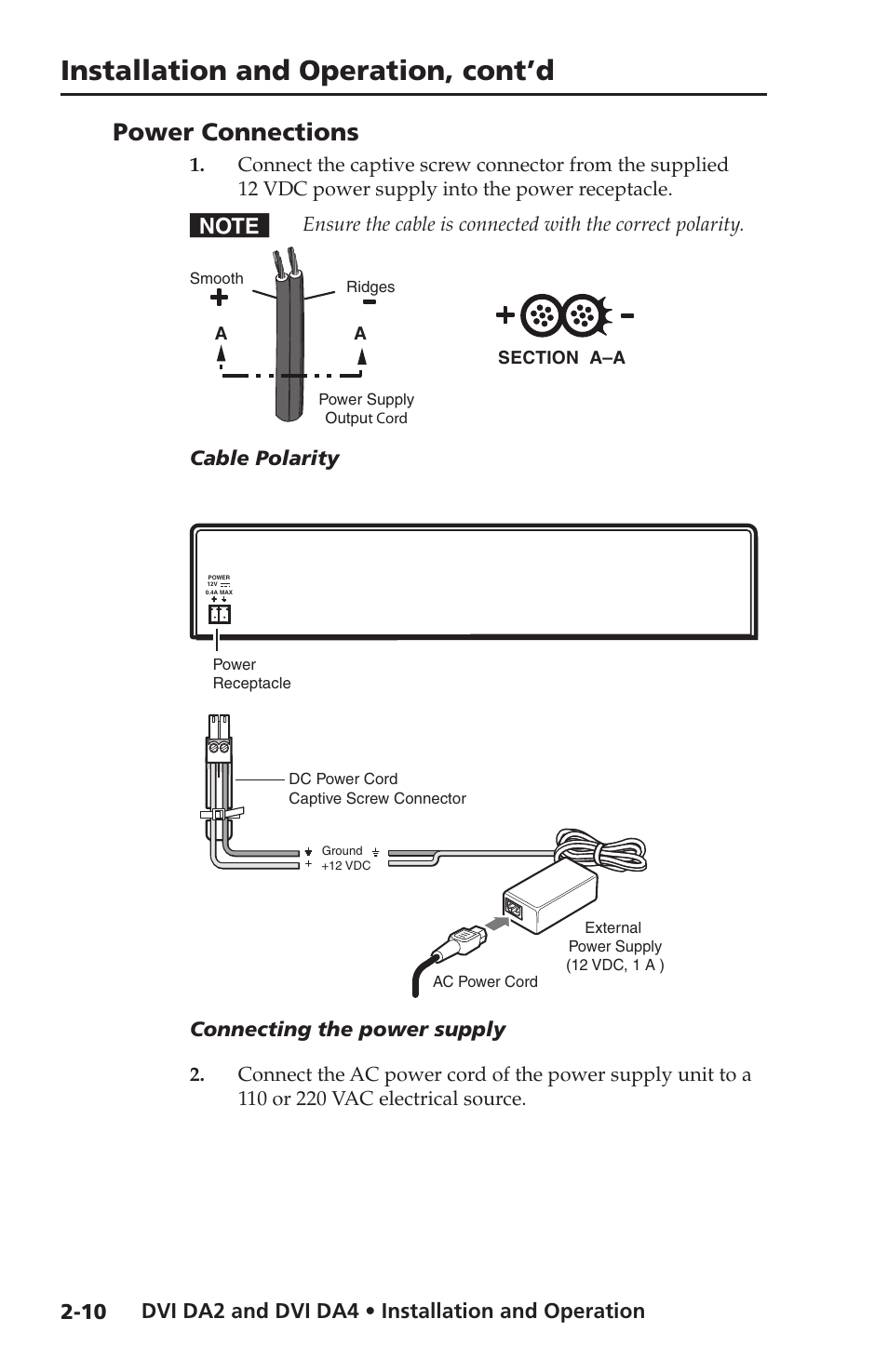 Power connections, Power connections -10, Installation and operation, cont’d | Dvi da2 and dvi da4 • installation and operation, Cable polarity, Connecting the power supply | Extron electronic DVI DA4 User Manual | Page 22 / 30
