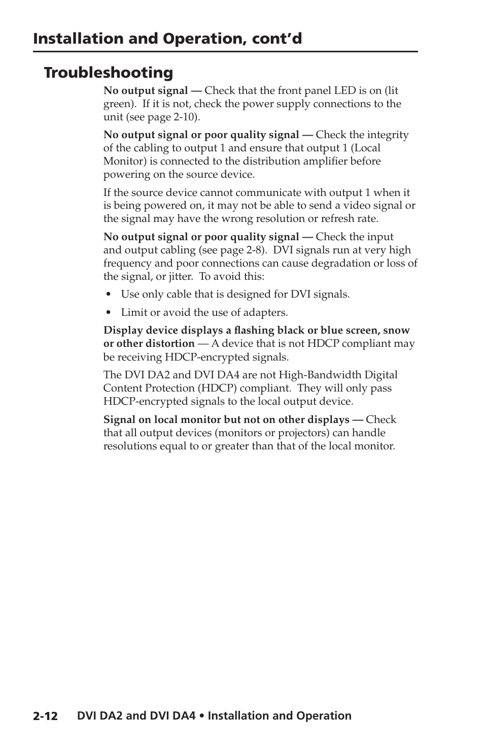 Troubleshooting, Installation and operation, cont’d | Extron electronic DVI DA4 User Manual | Page 24 / 30