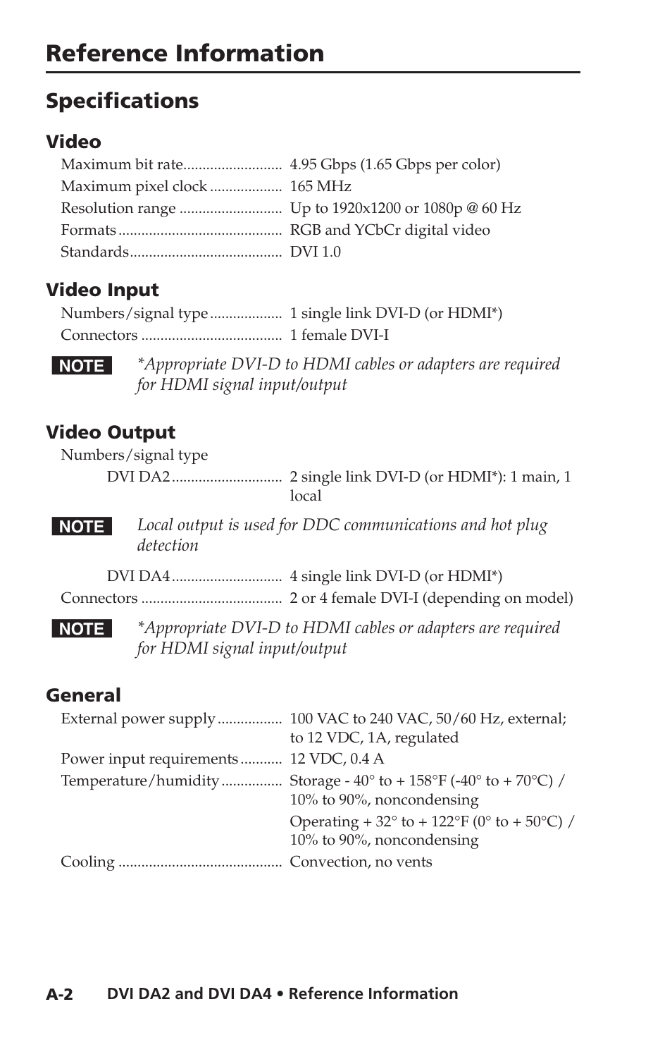 Specifications, Reference information | Extron electronic DVI DA4 User Manual | Page 26 / 30