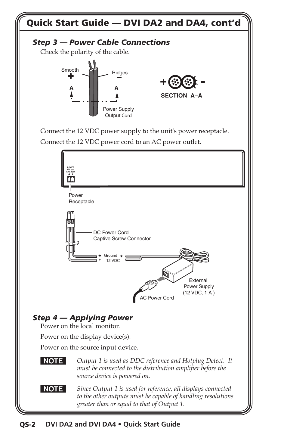 Quick start guide — dvi da2 and da4, cont’d, Step 3 — power cable connections, Step 4 — applying power | Extron electronic DVI DA4 User Manual | Page 6 / 30