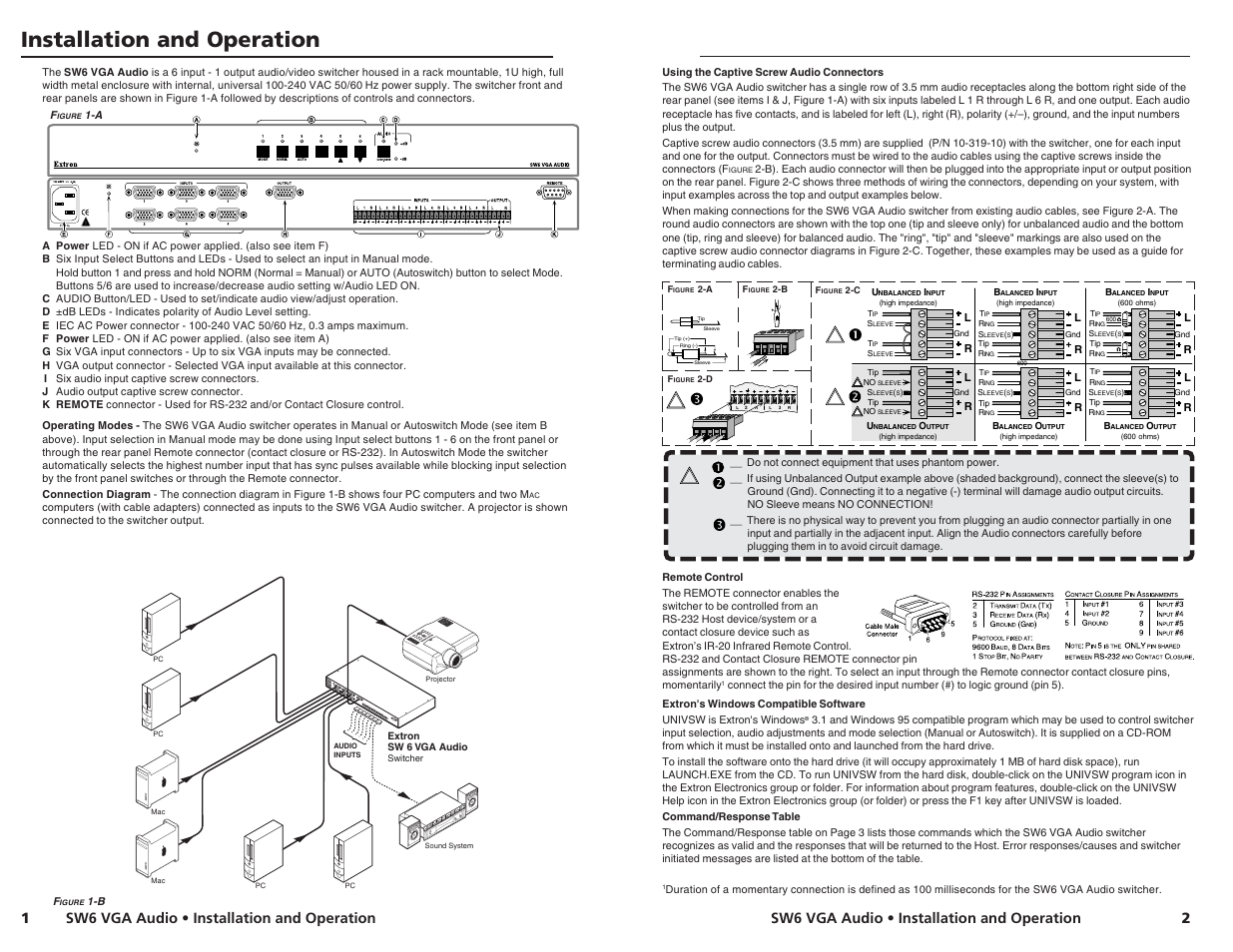 Installation and operation, Sw6 vga audio • installation and operation, 2sw6 vga audio • installation and operation | Extron electronic VEGA AUDIO SW6 User Manual | Page 2 / 3