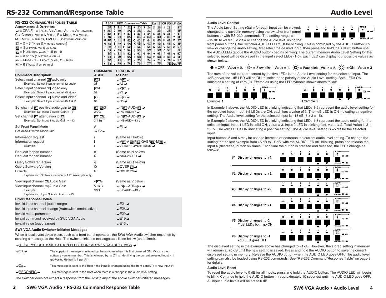 Rs-232 command/response table, Audio level, Sw6 vga audio • audio level 4 | Extron electronic VEGA AUDIO SW6 User Manual | Page 3 / 3