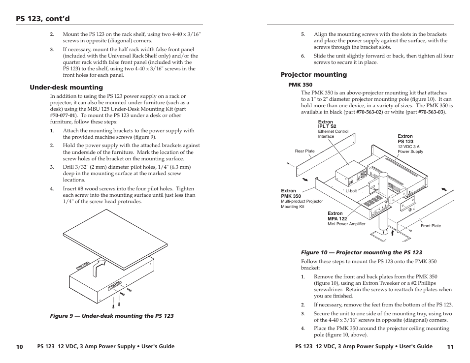 Under-desk mounting, Projector mounting, Pmk 350 | Under-desk mounting projector mounting | Extron Electronics PS 123 User Manual | Page 10 / 15