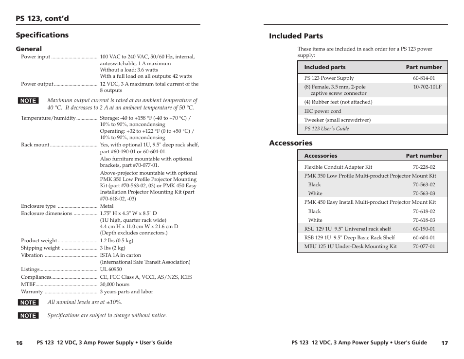 Specifications, Included parts, Accessories | Ps 23, cont’d | Extron Electronics PS 123 User Manual | Page 13 / 15