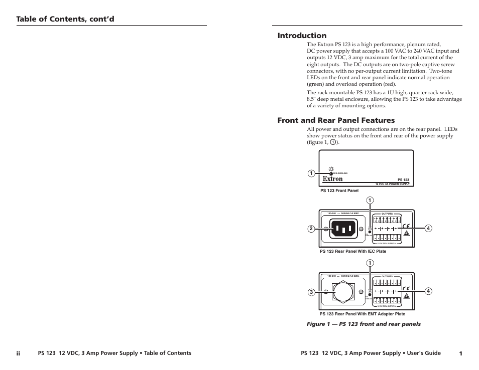 Introduction, Front and rear panel features, Table of contents, cont’d | Extron Electronics PS 123 User Manual | Page 5 / 15