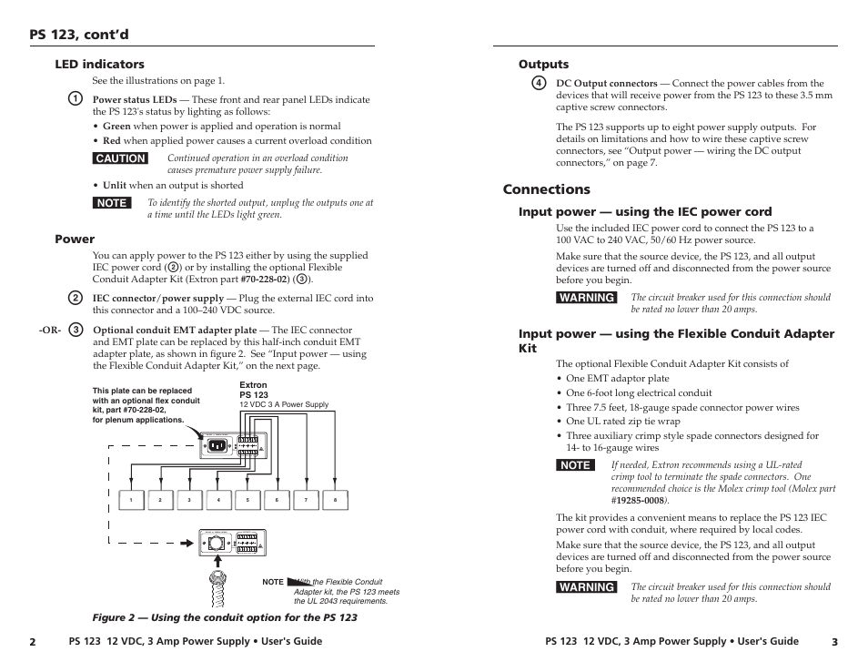 Led indicators, Power, Outputs | Connections, Input power — using the iec power cord, Led indicators power outputs, Ps 23, cont’d | Extron Electronics PS 123 User Manual | Page 6 / 15