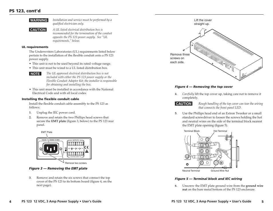 Ul requirements, Installing the flexible conduit cable, Ps 23, cont’d | Re d-o ve rl oa d | Extron Electronics PS 123 User Manual | Page 7 / 15