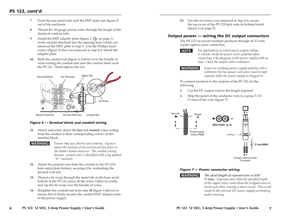 Output power — wiring the dc output connectors, Ps 23, cont’d | Extron Electronics PS 123 User Manual | Page 8 / 15