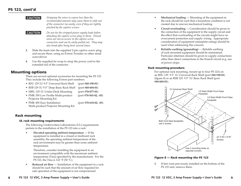 Mounting options, Rack mounting, Ul rack mounting requirements | Rack mounting procedure, Ps 23, cont’d | Extron Electronics PS 123 User Manual | Page 9 / 15