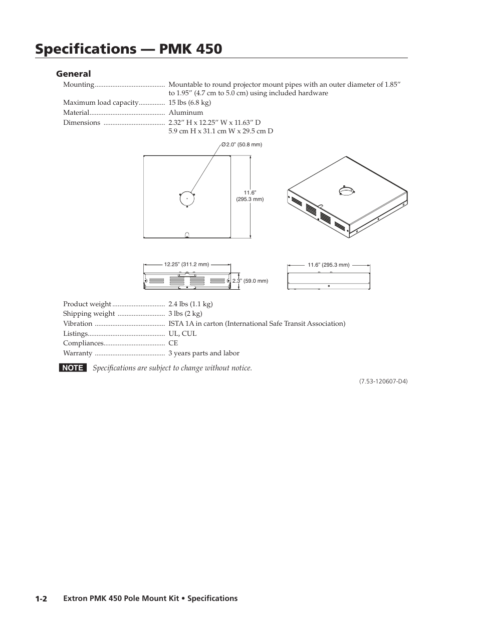 Extron electronic Pole Mount Kit PMK 450 User Manual | 1 page