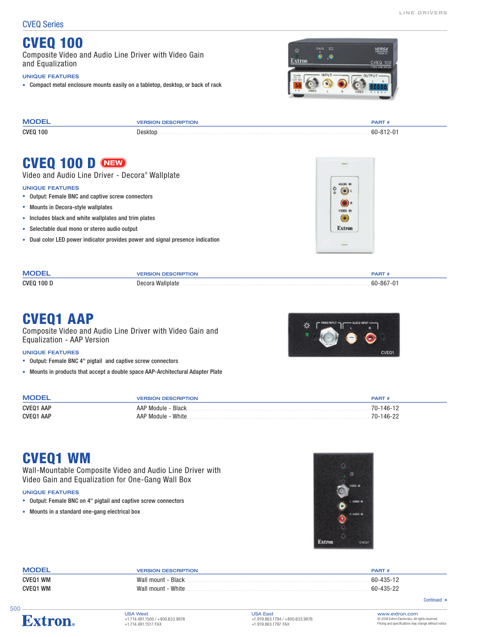 Cveq 100, Cveq1 wm, Cveq1 aap | Cveq 100 d, Cveq series, Video and audio line driver - decora, Wallplate | Extron electronic CVEQ Series User Manual | Page 2 / 3