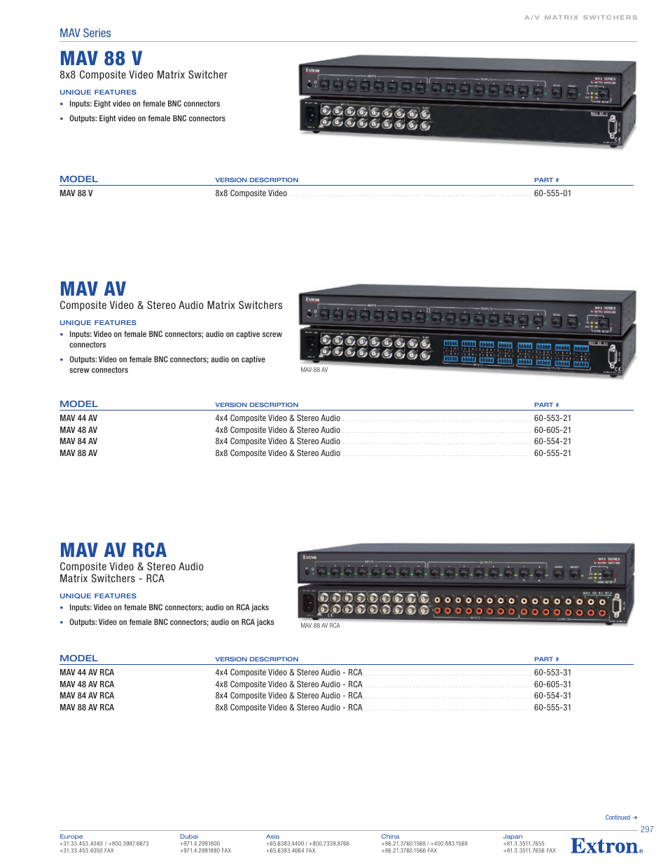Mav 88 v, Mav av, Mav av rca | Mav series, 8x8 composite video matrix switcher, Composite video & stereo audio matrix switchers | Extron electronic MAV Series User Manual | Page 3 / 5