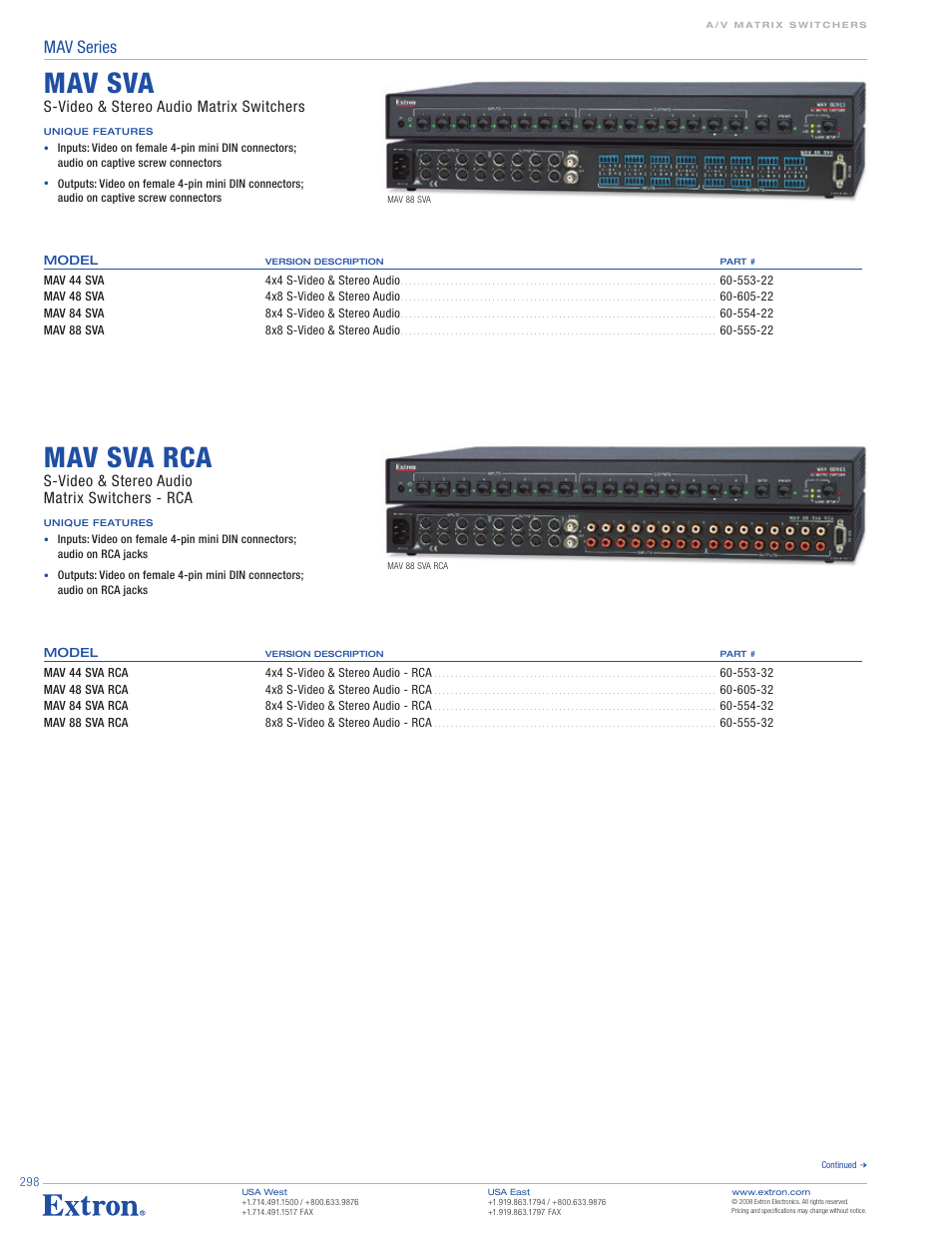 Mav sva, Mav sva rca, Mav series | S-video & stereo audio matrix switchers, S-video & stereo audio matrix switchers - rca | Extron electronic MAV Series User Manual | Page 4 / 5