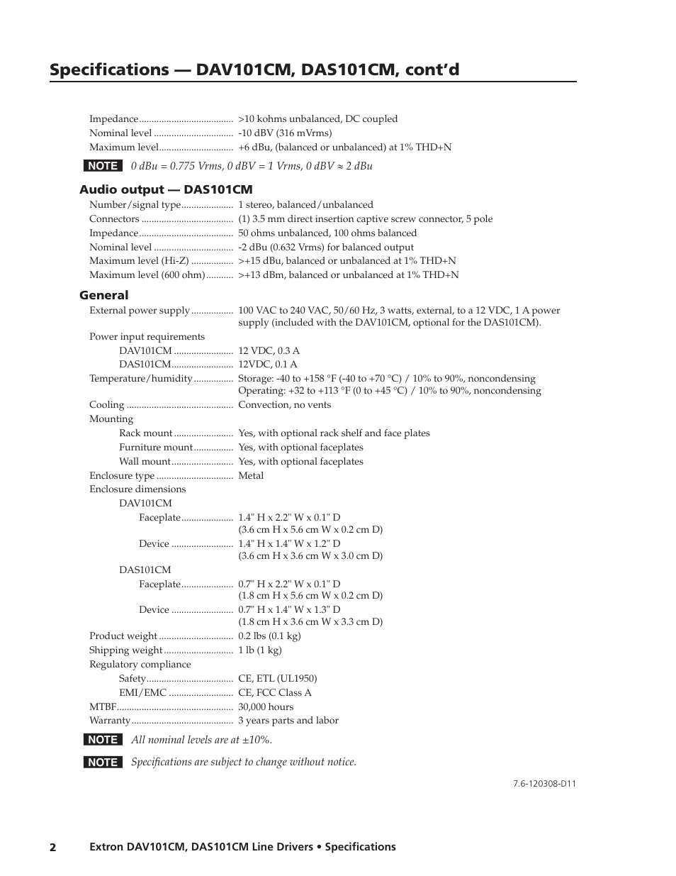 Extron electronic Line Drivers DAV101CM User Manual | Page 2 / 2