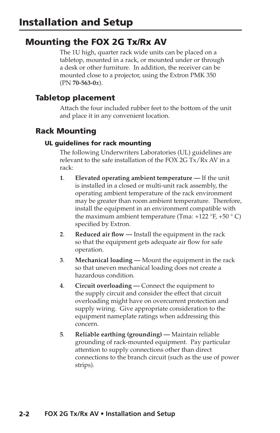 Mounting the fox 2g tx/rx av, Tabletop placement, Rack mounting | Ul guidelines for rack mounting, Installation and setup | Extron electronic FOX 2G Tx User Manual | Page 14 / 60