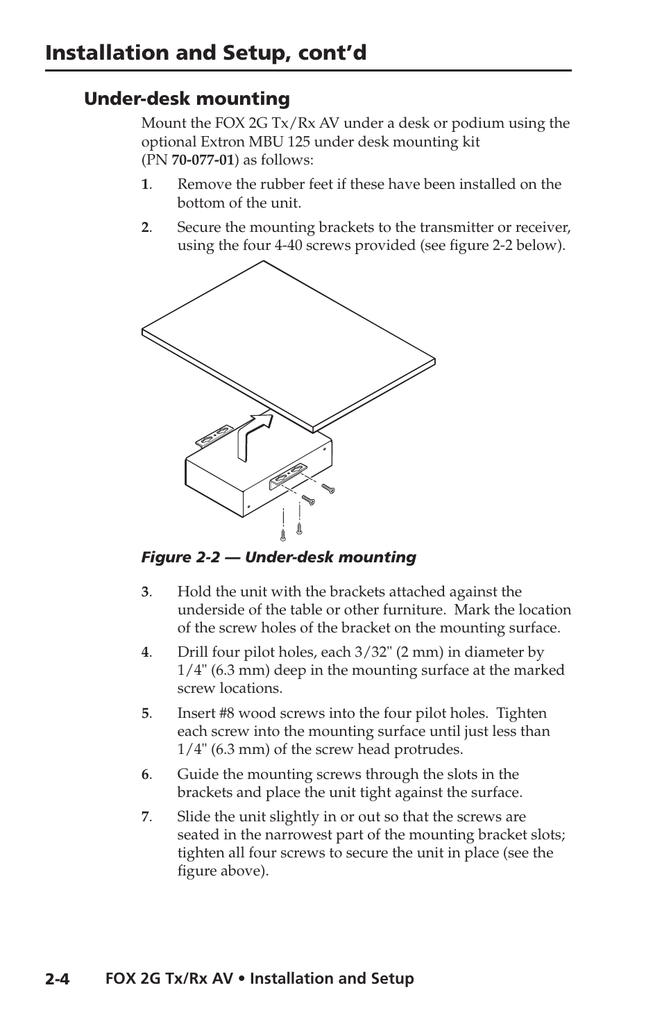 Under-desk mounting, Installation and setup, cont’d | Extron electronic FOX 2G Tx User Manual | Page 16 / 60