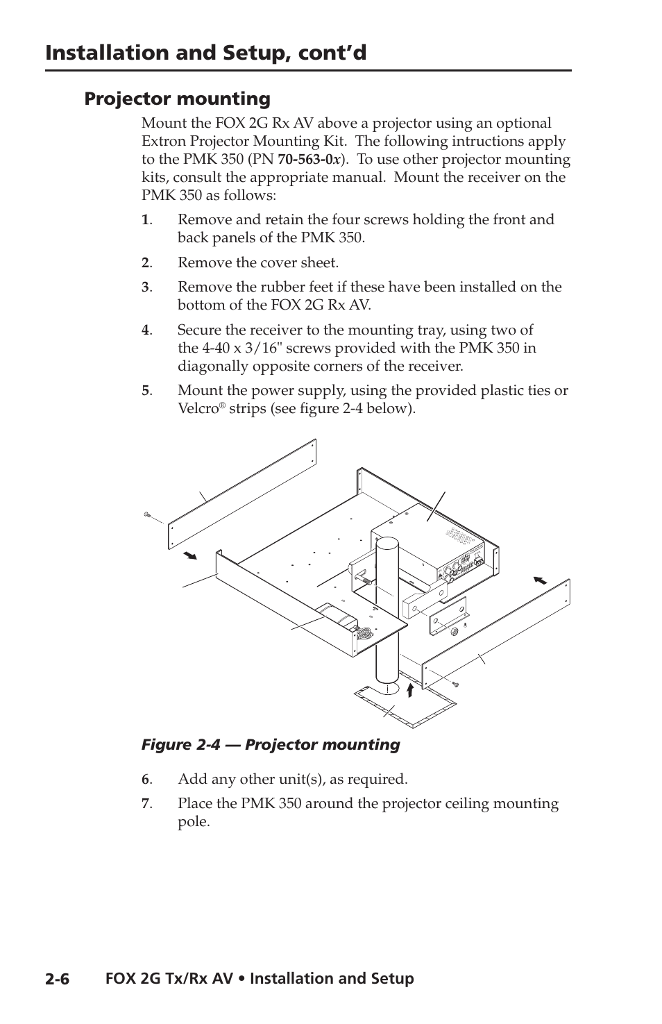 Projector mounting, Installation and setup, cont’d, Fox 2g tx/rx av • installation and setup | Figure 2-4 — projector mounting, Strips (see figure 2-4 below) | Extron electronic FOX 2G Tx User Manual | Page 18 / 60