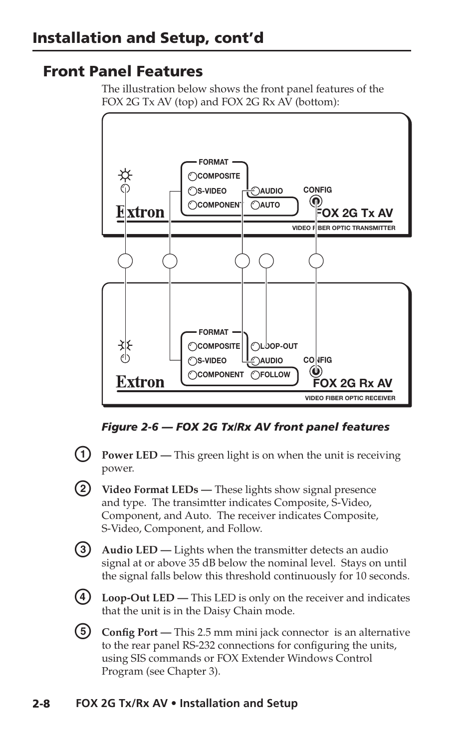Front panel features, Installation and setup, cont’d | Extron electronic FOX 2G Tx User Manual | Page 20 / 60