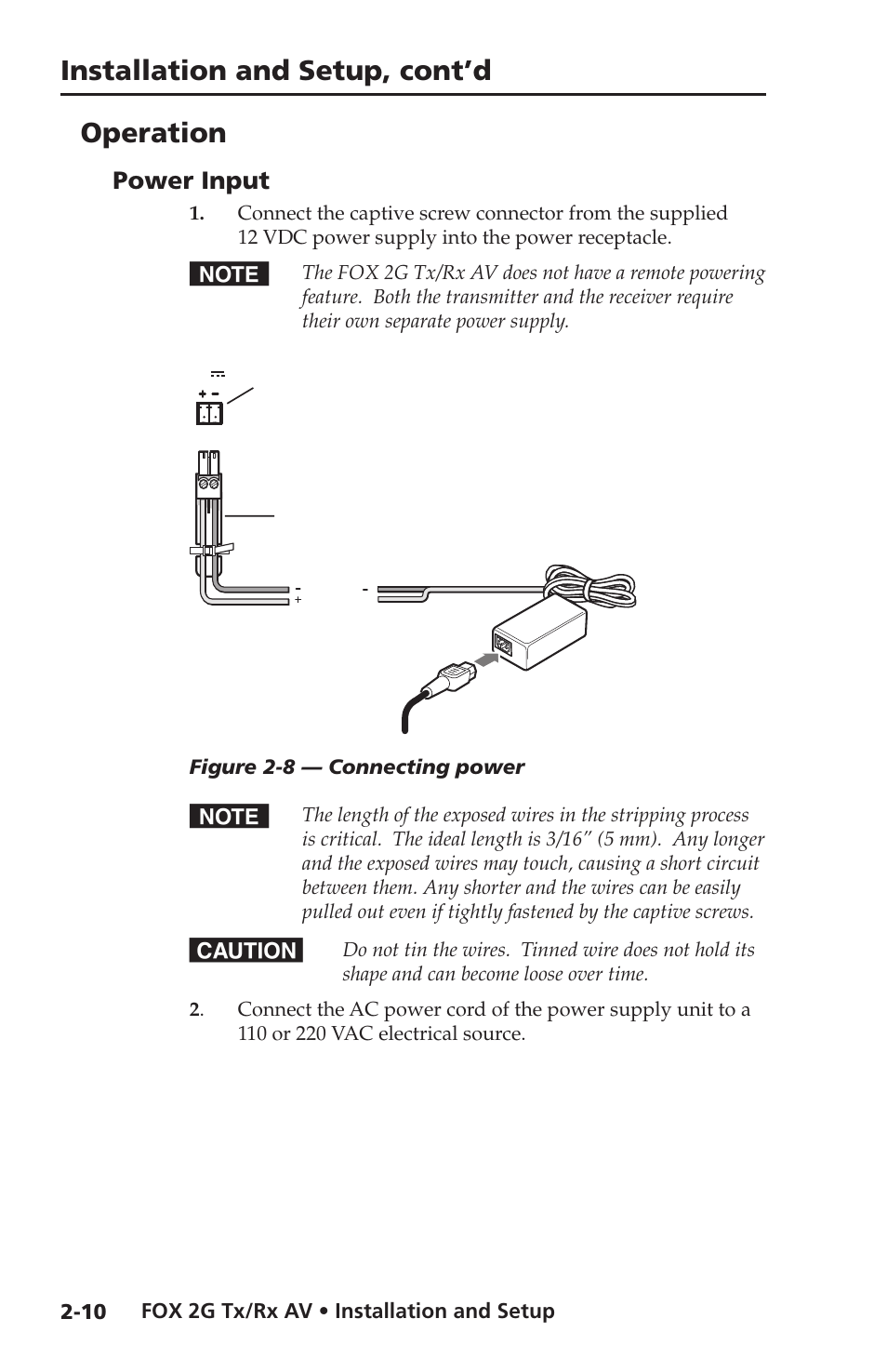 Operation, Power input, Installation and setup, cont’d | Extron electronic FOX 2G Tx User Manual | Page 22 / 60