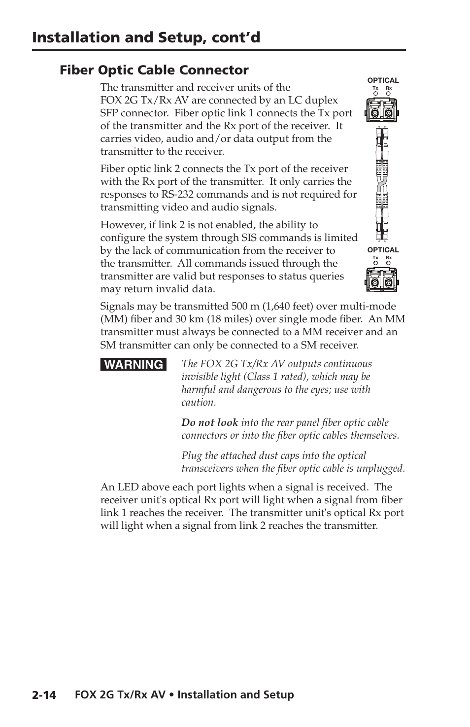 Fiber optic cable connector, Installation and setup, cont’d | Extron electronic FOX 2G Tx User Manual | Page 26 / 60