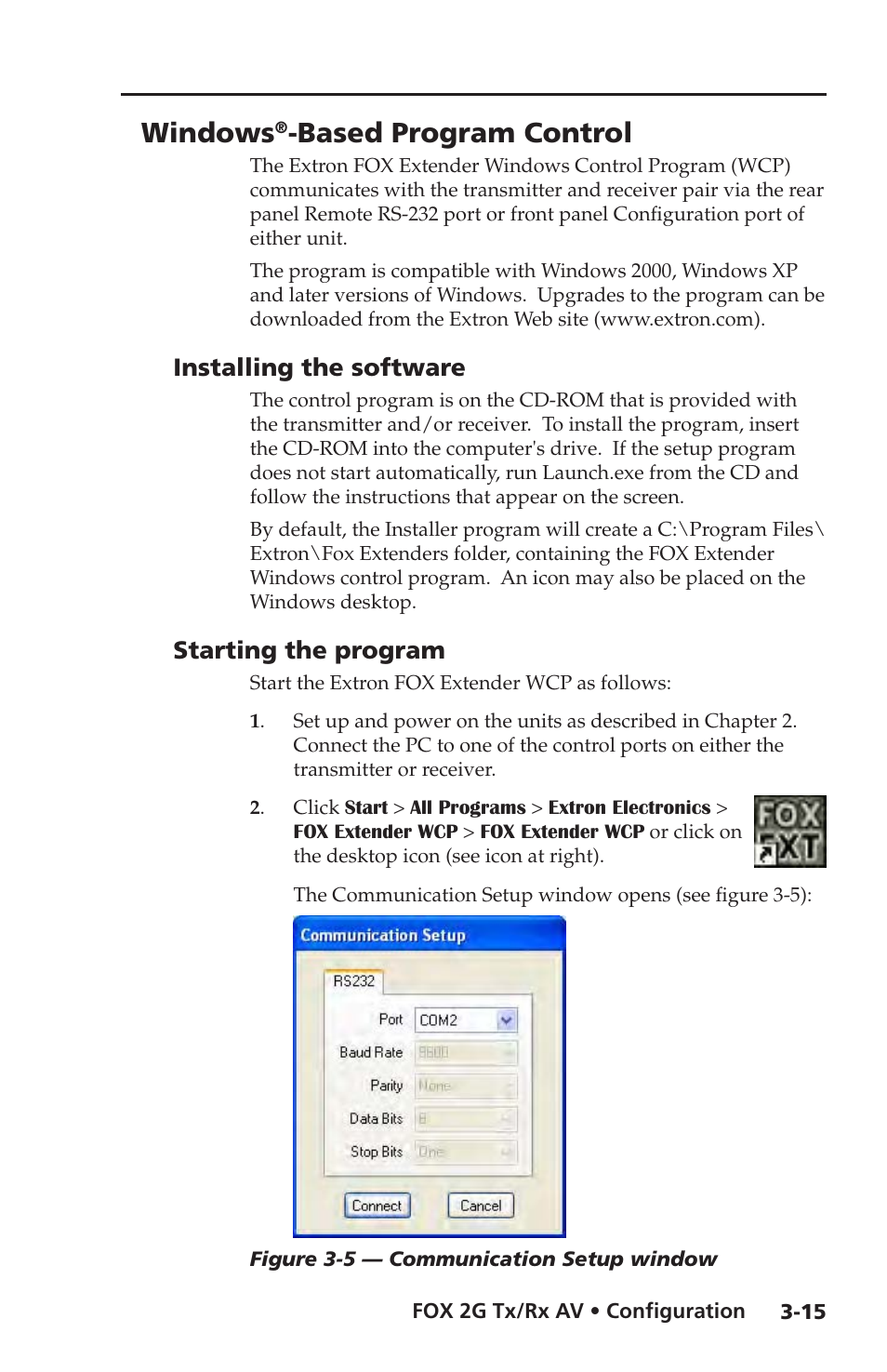 Windows-based program control, Installing the software, Starting the program | Windows, Based program control | Extron electronic FOX 2G Tx User Manual | Page 43 / 60