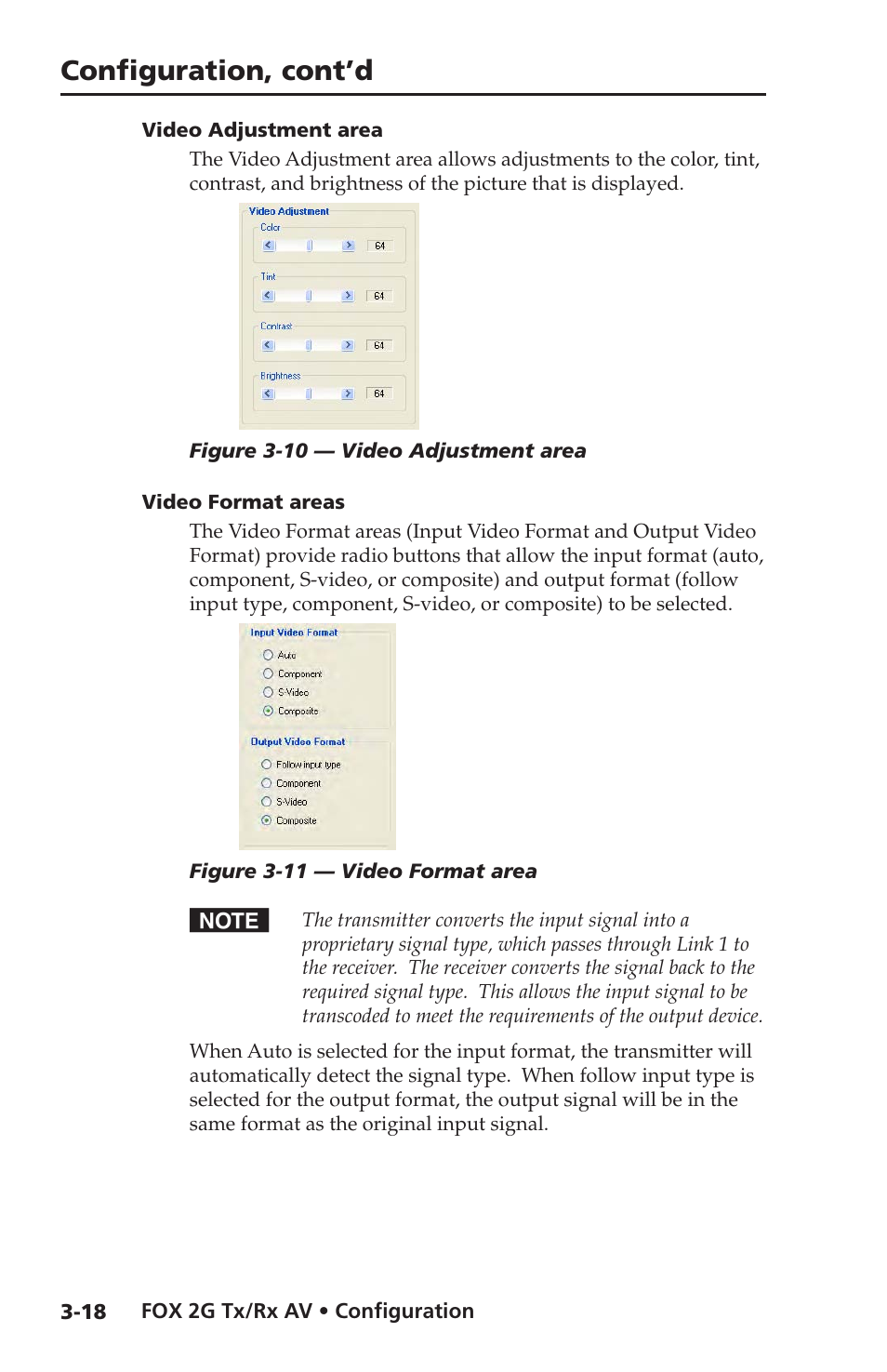 Video adjustment area, Video format area, Configuration, cont’d | Extron electronic FOX 2G Tx User Manual | Page 46 / 60