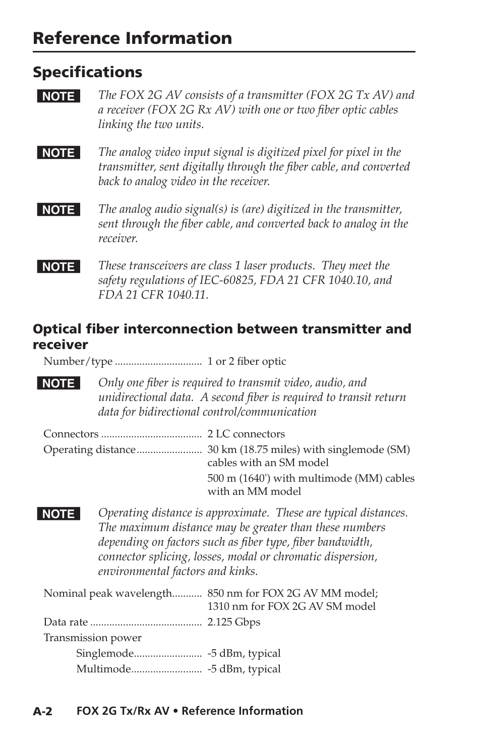 Specifications, Reference information | Extron electronic FOX 2G Tx User Manual | Page 52 / 60