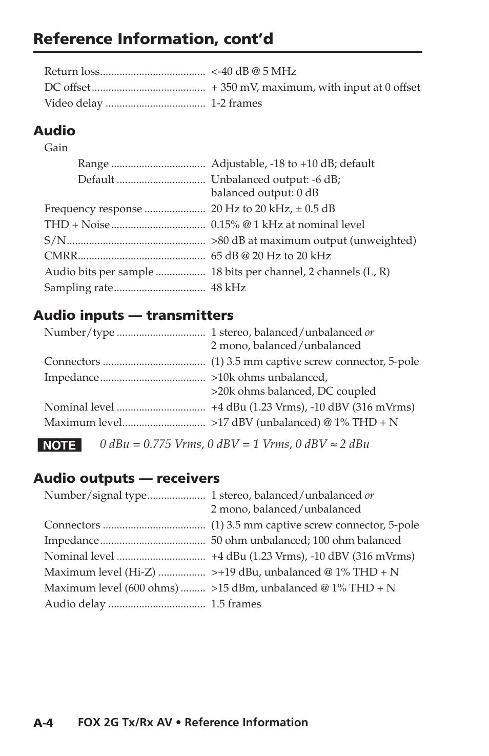 Reference information, cont’d, Audio, Audio inputs — transmitters | Audio outputs — receivers | Extron electronic FOX 2G Tx User Manual | Page 54 / 60