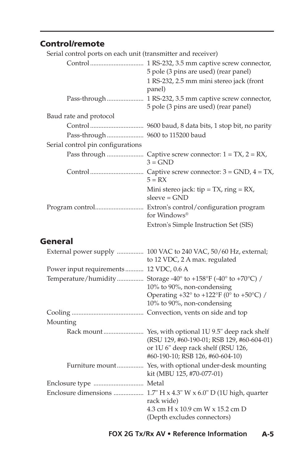 Control/remote, General | Extron electronic FOX 2G Tx User Manual | Page 55 / 60