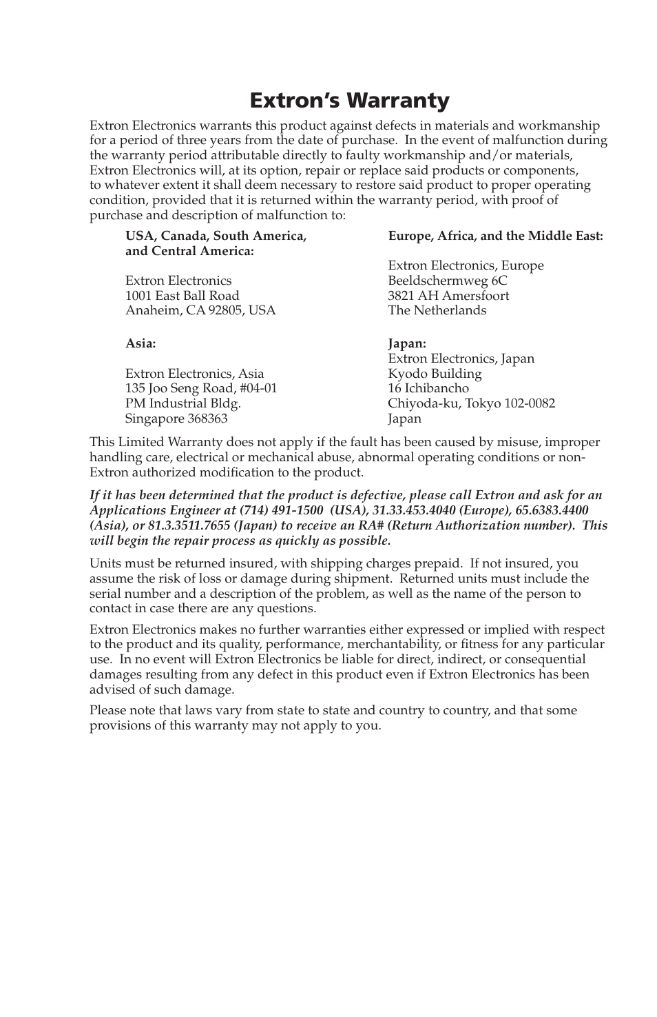 Extron's warranty, Extron’s warranty | Extron electronic FOX 2G Tx User Manual | Page 59 / 60