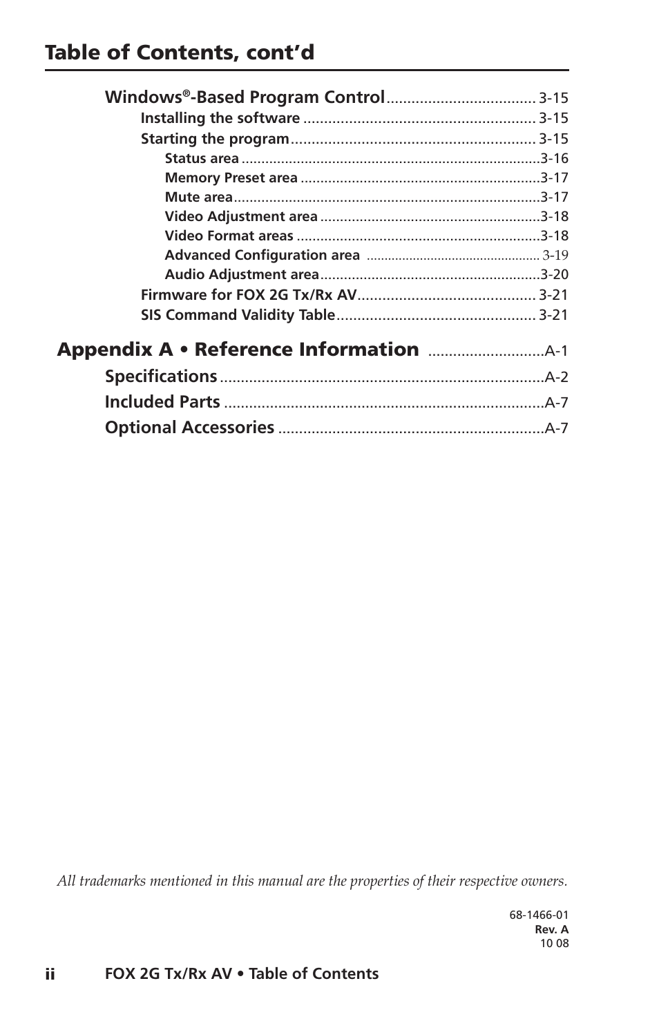 Table of contents, cont’d, Appendix a • reference information | Extron electronic FOX 2G Tx User Manual | Page 8 / 60