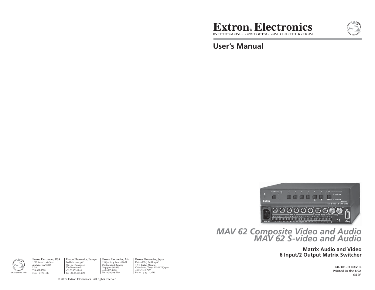 Extron Electronics MAV 62 User Manual | 19 pages