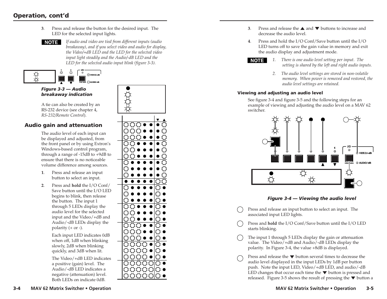 Operation, cont’d, Audio gain and attenuation | Extron Electronics MAV 62 User Manual | Page 12 / 19