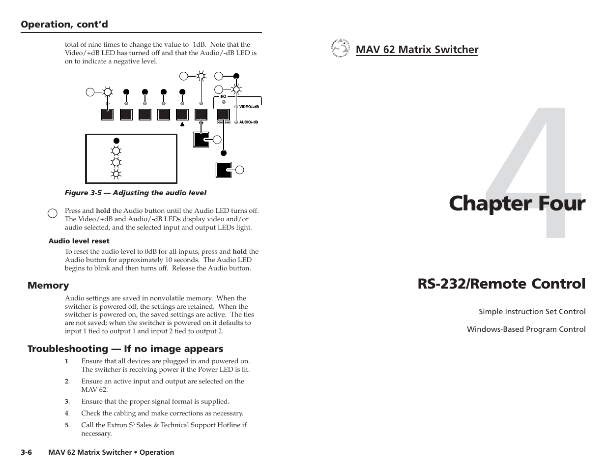 Chapter four, Rs-232/remote control | Extron Electronics MAV 62 User Manual | Page 13 / 19