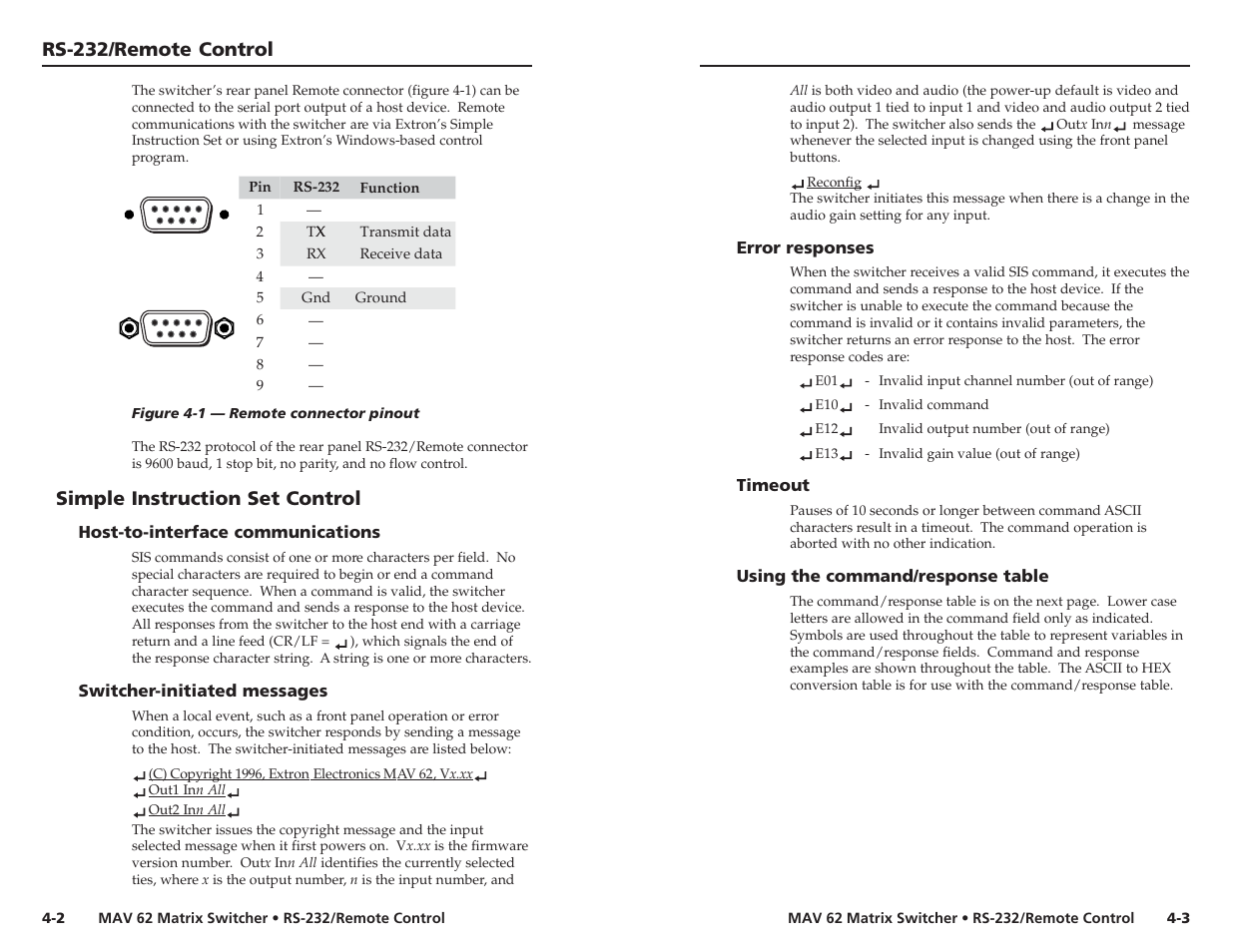 Rs-232/remote control, cont’d, Simple instruction set control, Rs-232/remote control | Extron Electronics MAV 62 User Manual | Page 14 / 19