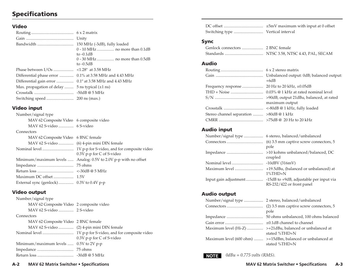 Specifications, Specifications, cont’d | Extron Electronics MAV 62 User Manual | Page 17 / 19