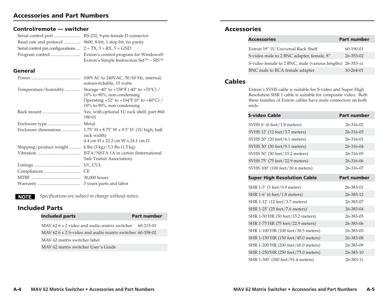 Accessories and part numbers, cont’d, Included parts, Accessories | Cables | Extron Electronics MAV 62 User Manual | Page 18 / 19