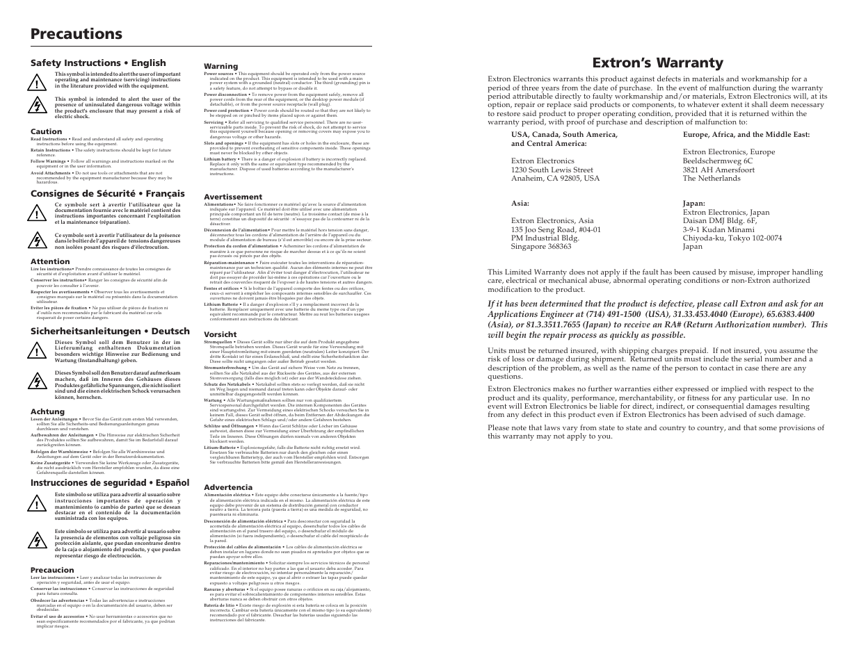 Precautions, Extron’s warranty, Instrucciones de seguridad • español | Extron Electronics MAV 62 User Manual | Page 2 / 19