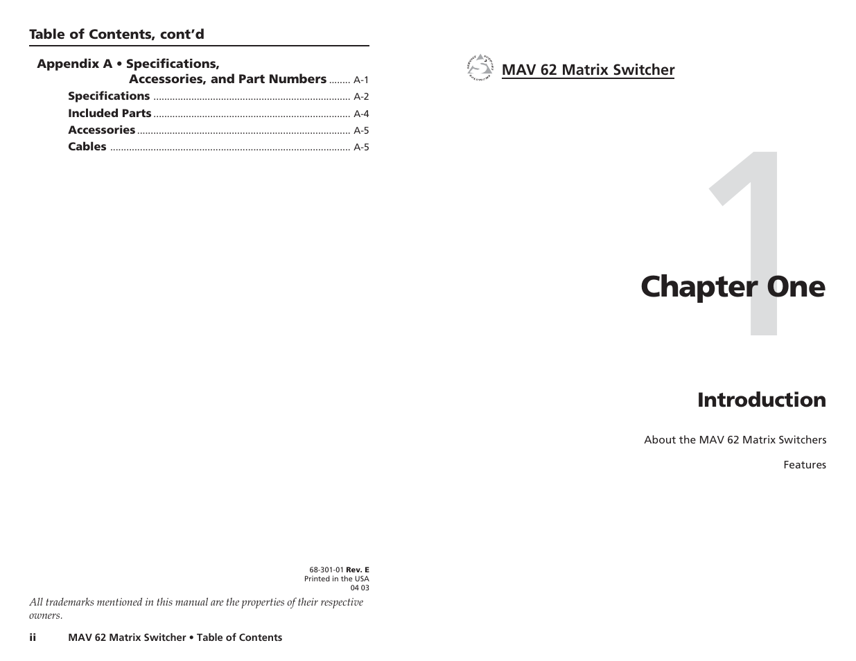 Chapter one | Extron Electronics MAV 62 User Manual | Page 4 / 19