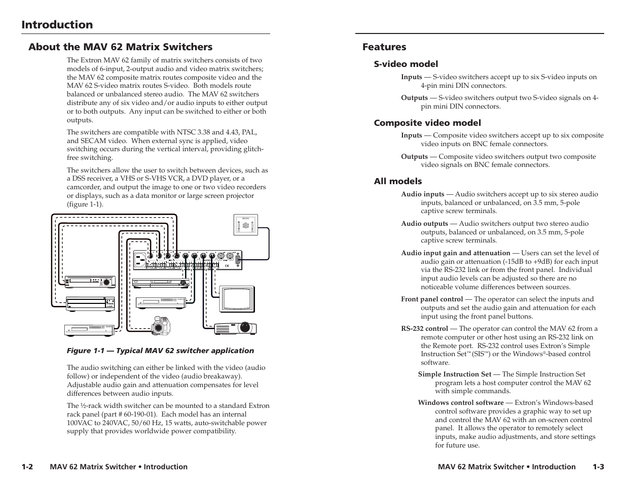 Introduction, Introduction, cont’d, About the mav 62 matrix switchers | Features | Extron Electronics MAV 62 User Manual | Page 5 / 19