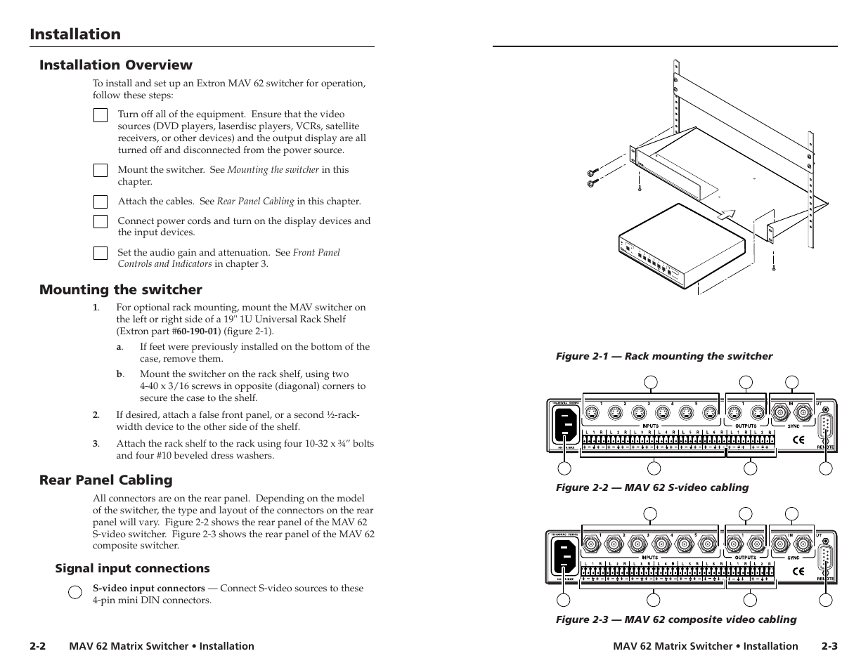 Installation, Installation, cont’d, Installation overview | Mounting the switcher, Rear panel cabling | Extron Electronics MAV 62 User Manual | Page 7 / 19