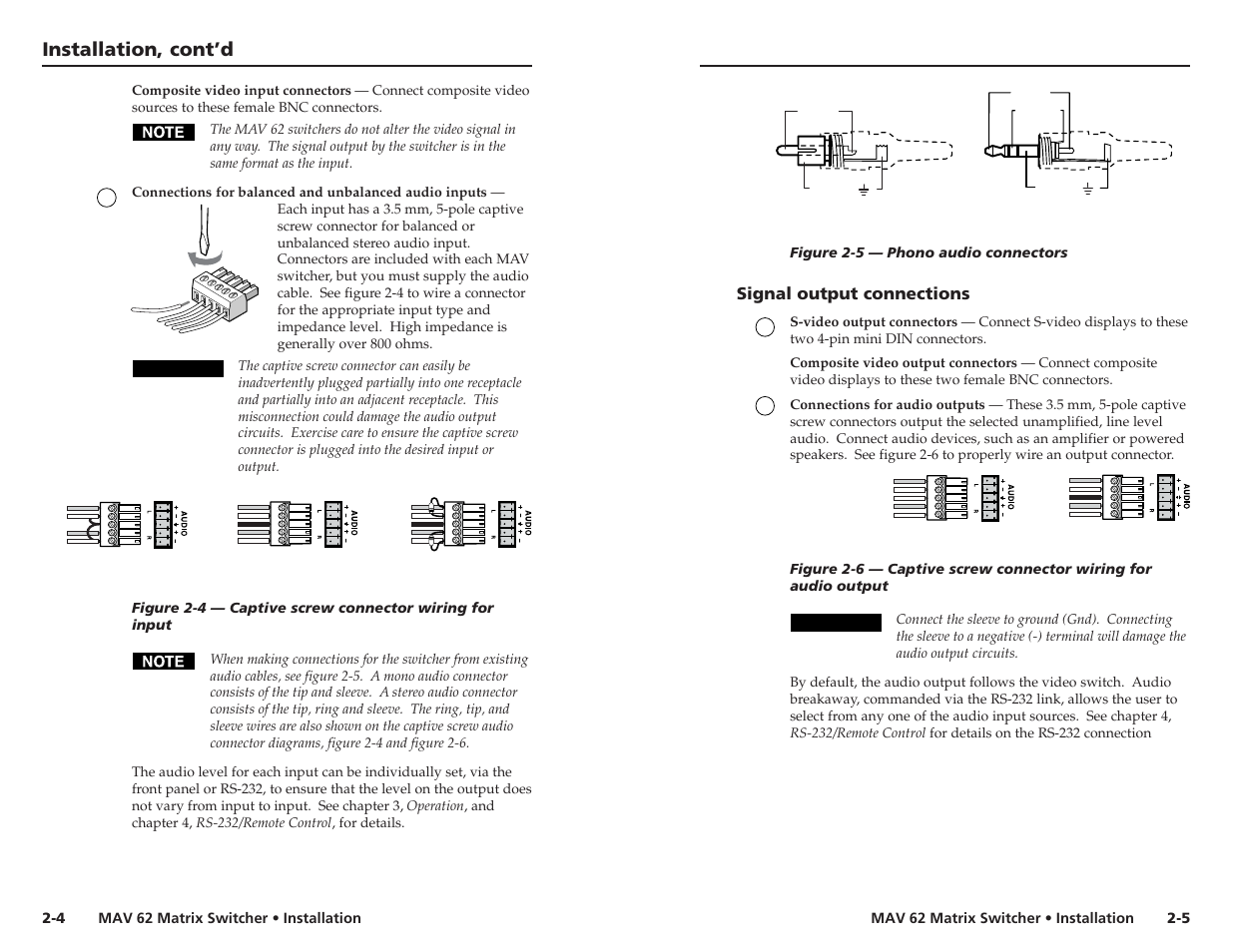 Installation, cont’d, Signal output connections, Caution | Rca connector, 5 mm stereo plug connector (unbalanced) | Extron Electronics MAV 62 User Manual | Page 8 / 19